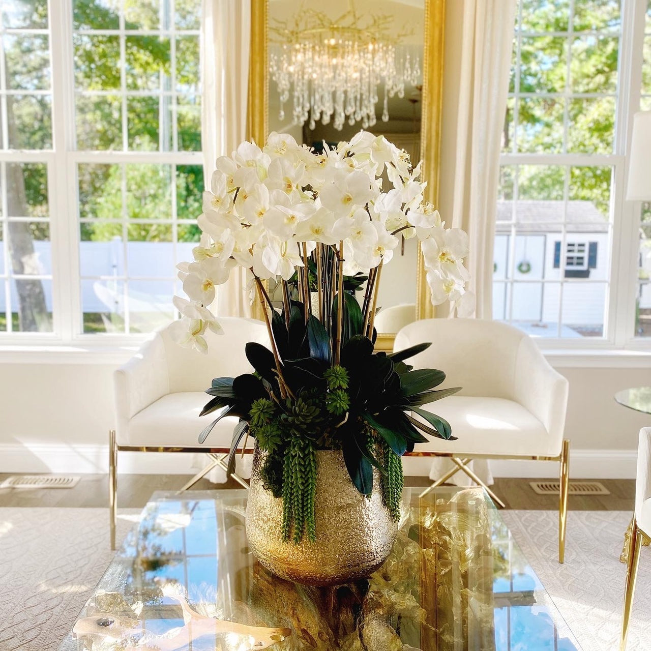 Grand White Phalaenopsis Orchid Arrangement in Delany Gold Planter