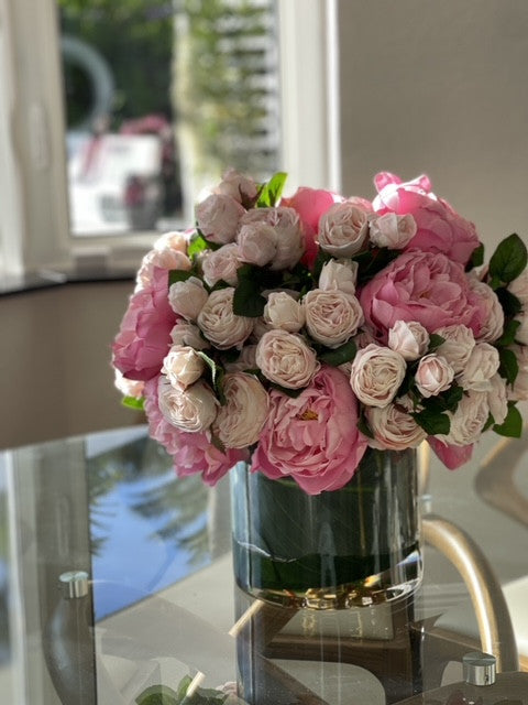 Pink Peony & Blush Rose Arrangement in Glass Vase