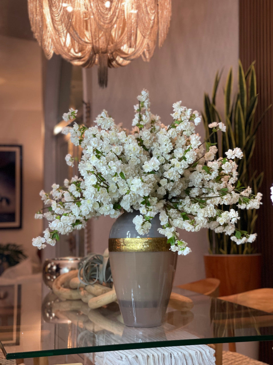 White Cherry Blossom Arrangement in Goddess Glass Vase