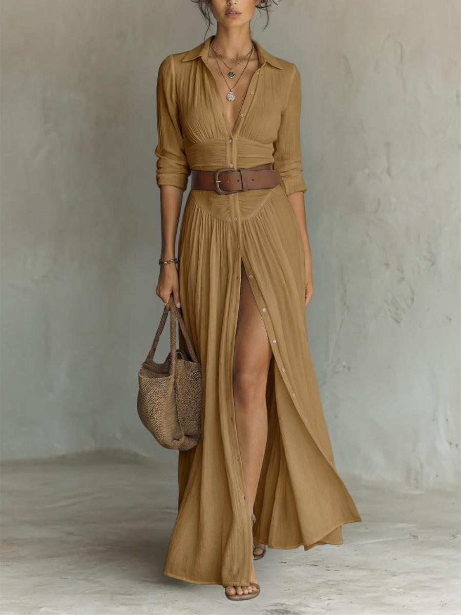 Maxi dress - long women's dress with lapel collar and long linen sleeves
