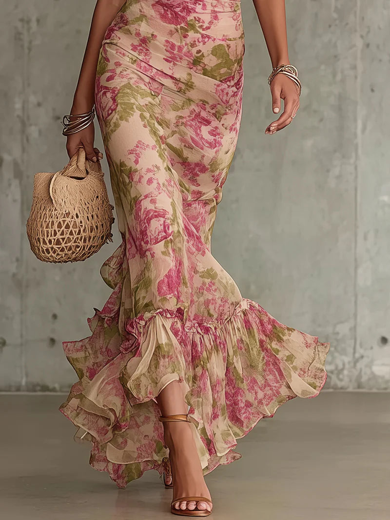 Fiora - Long dress with vintage rose print and puffed sleeves