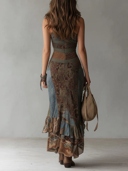 Elena - Asymmetrical one-shoulder long dress with ethnic print and high slit