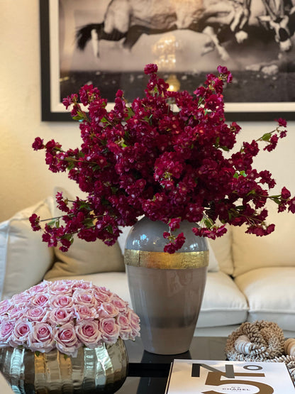 Burgundy Cherry Blossom Arrangement in Goddess Glass Vase