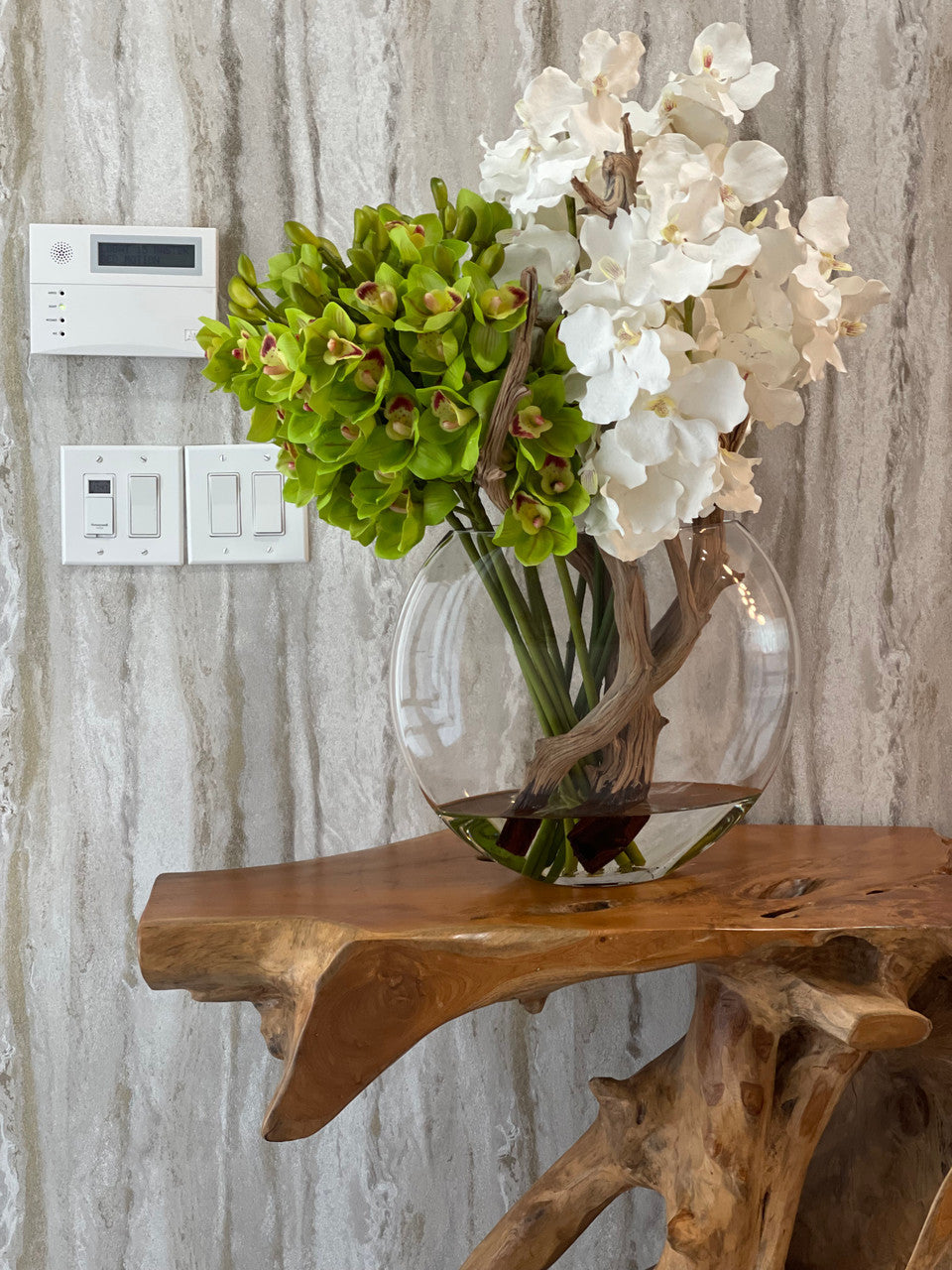 Green Cymbidium & White Vanda Orchid Arrangement in Lunar Glass Vase