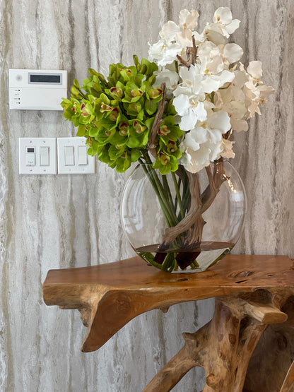 Green Cymbidium & White Vanda Orchid Arrangement in Lunar Glass Vase