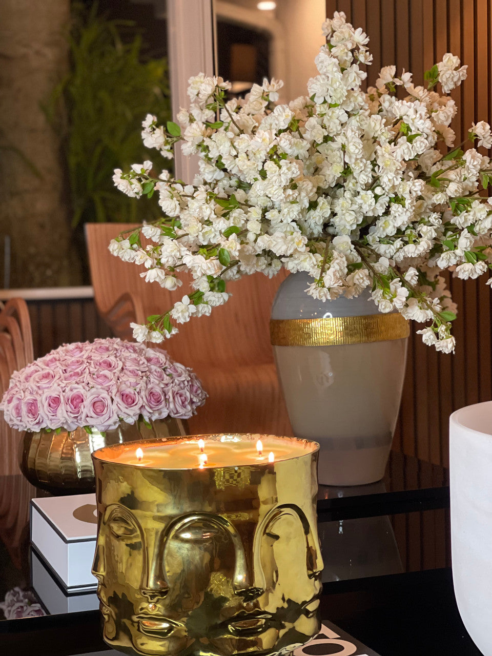 White Cherry Blossom Arrangement in Goddess Glass Vase
