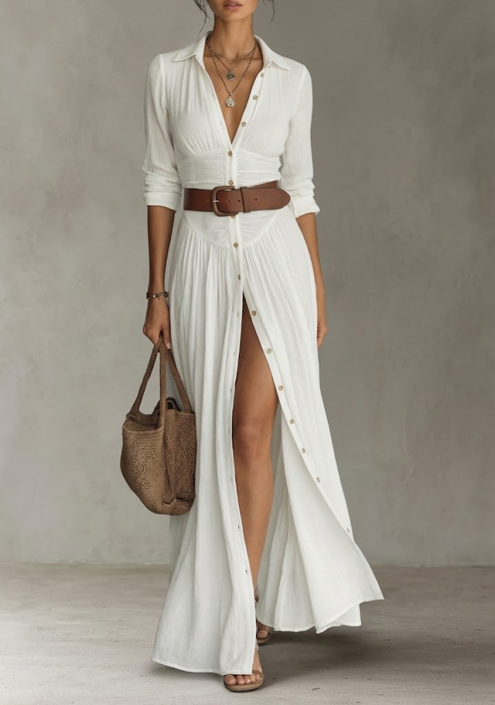 Maxi dress - long women's dress with lapel collar and long linen sleeves