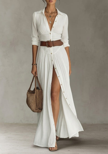 Maxi dress - long women's dress with lapel collar and long linen sleeves
