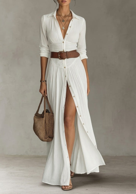 Maxi dress - long women's dress with lapel collar and long linen sleeves