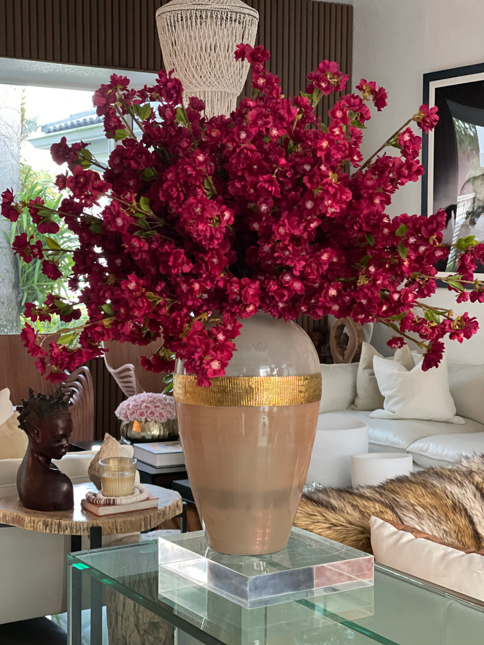 Burgundy Cherry Blossom Arrangement in Goddess Glass Vase