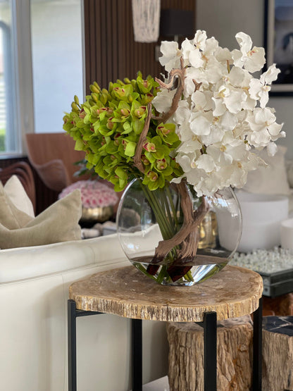 Green Cymbidium & White Vanda Orchid Arrangement in Lunar Glass Vase