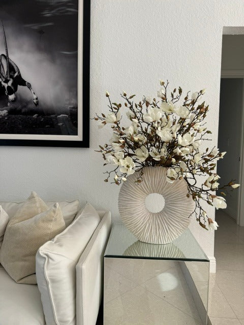 White Magnolia Arrangement in Eternity Beige Ceramic Ring Vase