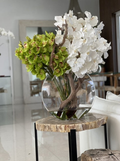 Green Cymbidium & White Vanda Orchid Arrangement in Lunar Glass Vase