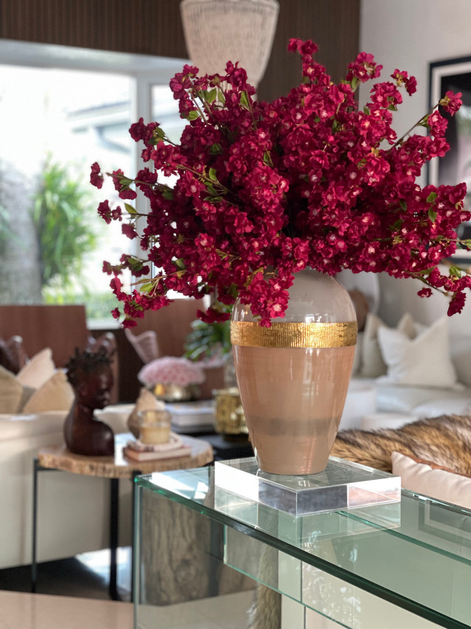 Burgundy Cherry Blossom Arrangement in Goddess Glass Vase