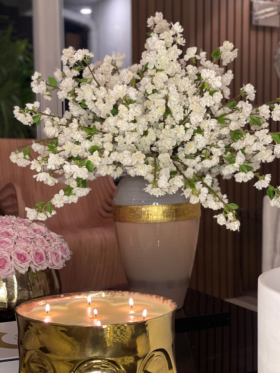 White Cherry Blossom Arrangement in Goddess Glass Vase