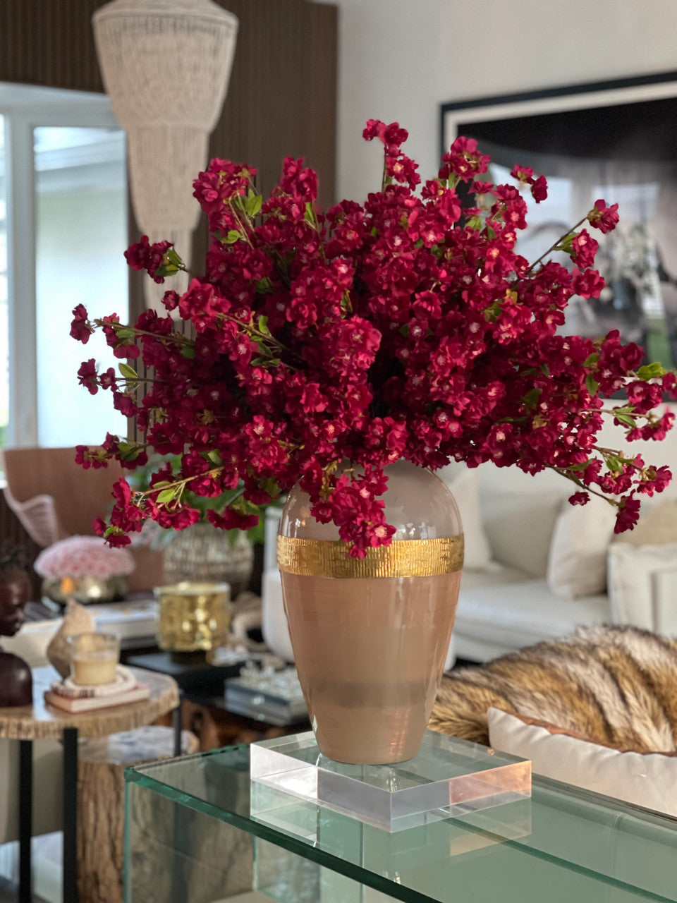 Burgundy Cherry Blossom Arrangement in Goddess Glass Vase