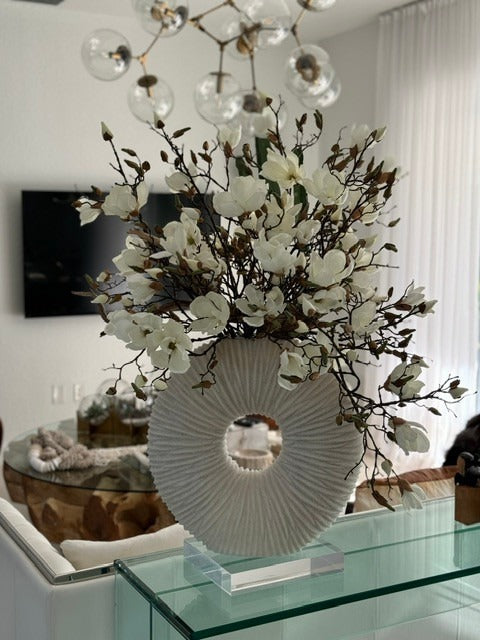 White Magnolia Arrangement in Eternity Beige Ceramic Ring Vase