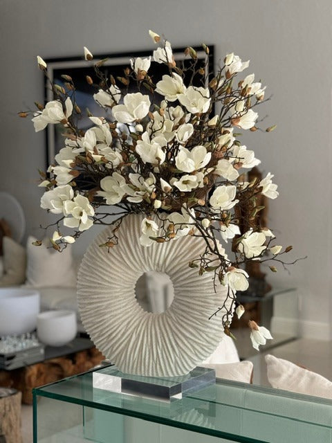 White Magnolia Arrangement in Eternity Beige Ceramic Ring Vase