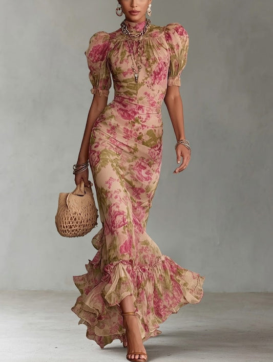 Fiora - Long dress with vintage rose print and puffed sleeves