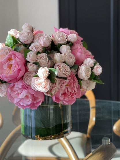 Pink Peony & Blush Rose Arrangement in Glass Vase
