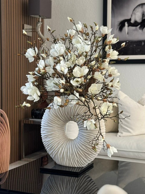 White Magnolia Arrangement in Eternity Beige Ceramic Ring Vase
