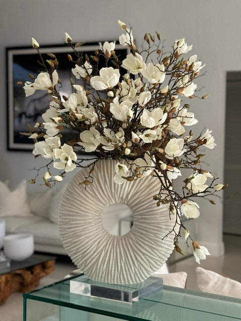 White Magnolia Arrangement in Eternity Beige Ceramic Ring Vase