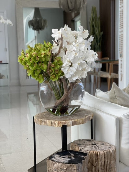 Green Cymbidium & White Vanda Orchid Arrangement in Lunar Glass Vase