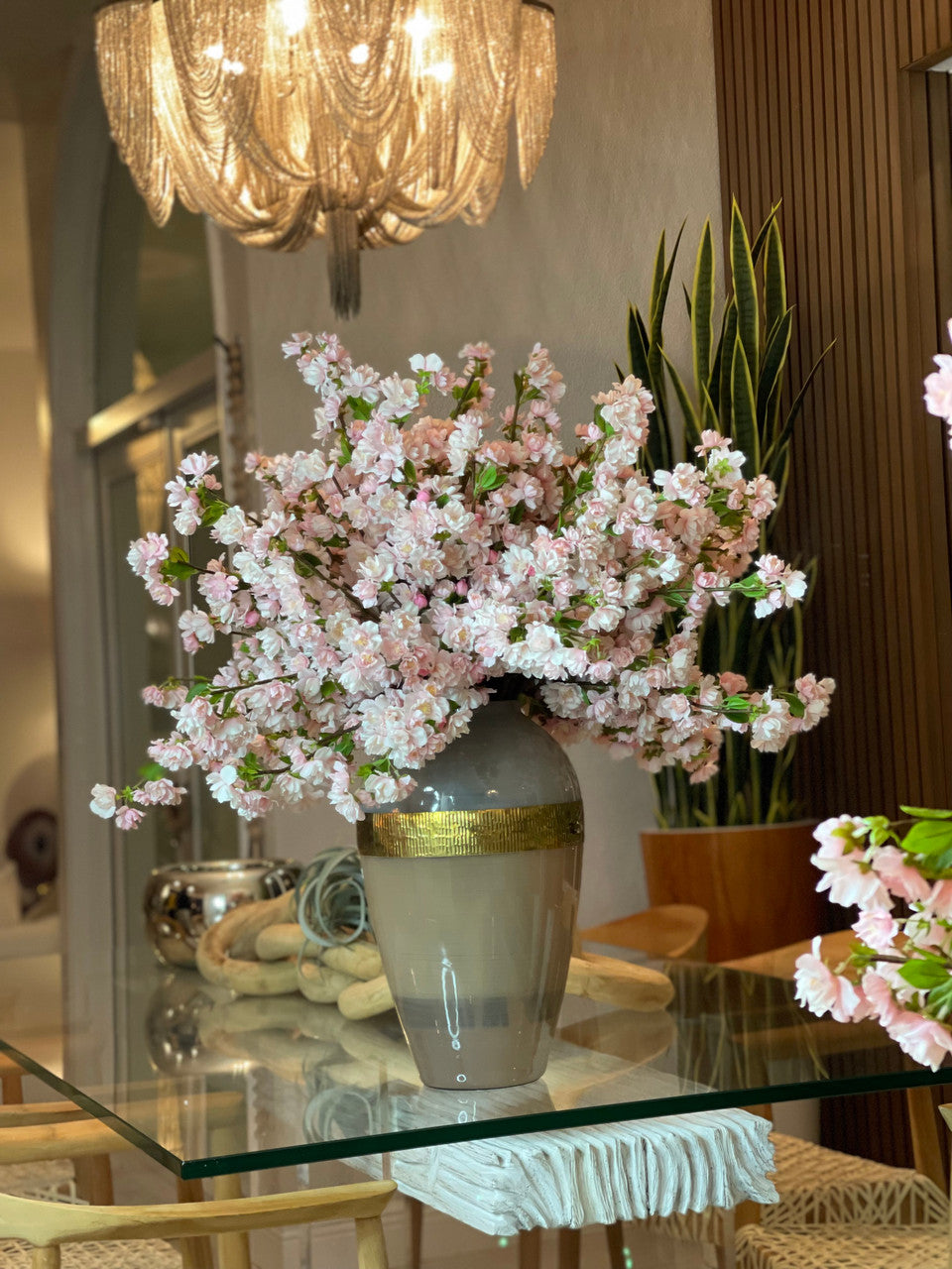 White Cherry Blossom Arrangement in Goddess Glass Vase
