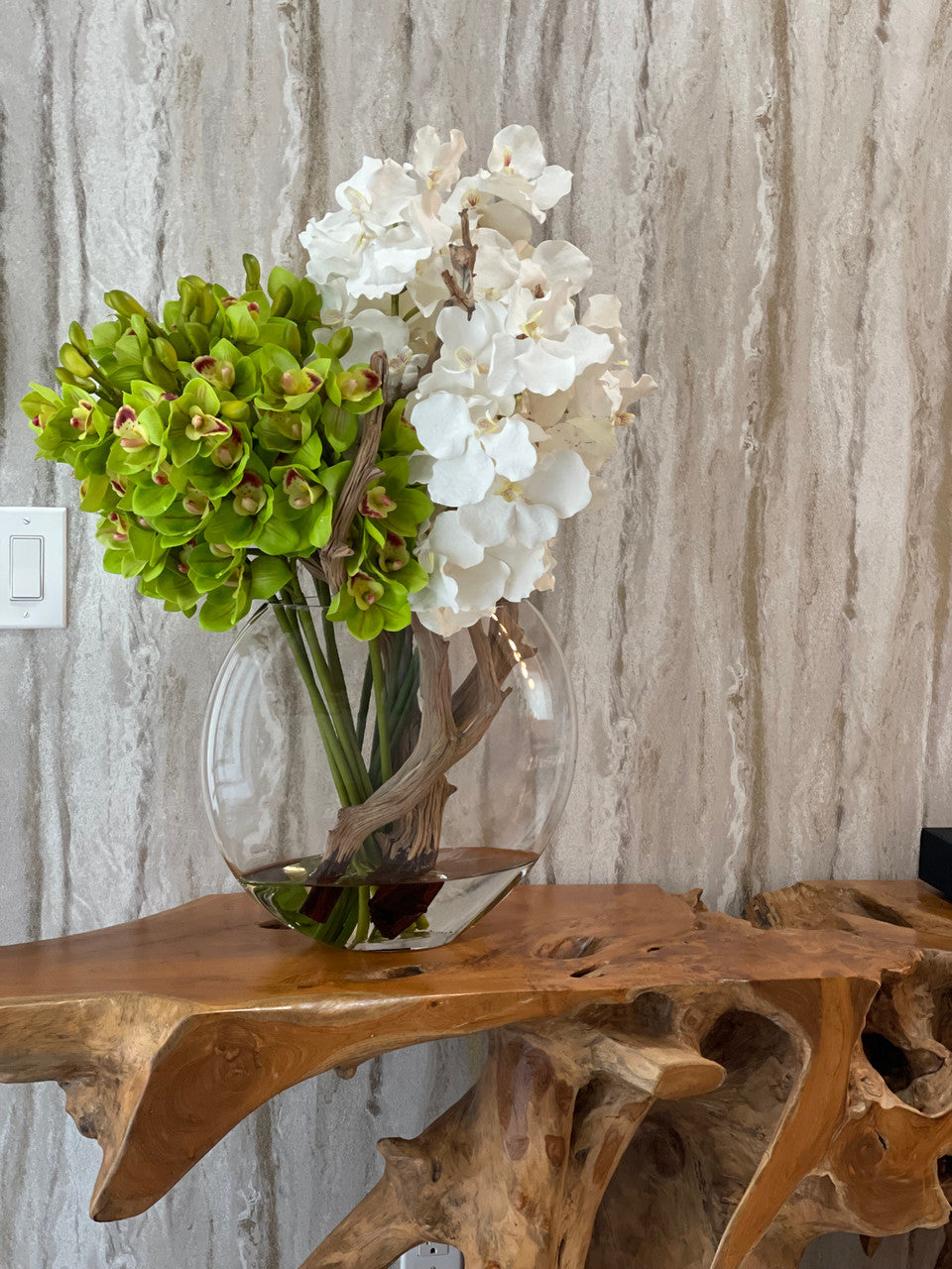 Green Cymbidium & White Vanda Orchid Arrangement in Lunar Glass Vase