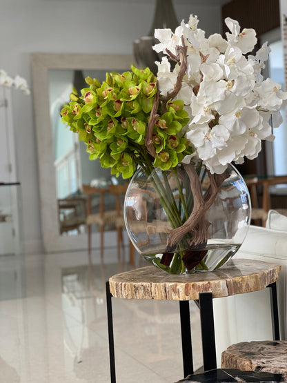 Green Cymbidium & White Vanda Orchid Arrangement in Lunar Glass Vase