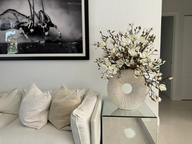 White Magnolia Arrangement in Eternity Beige Ceramic Ring Vase