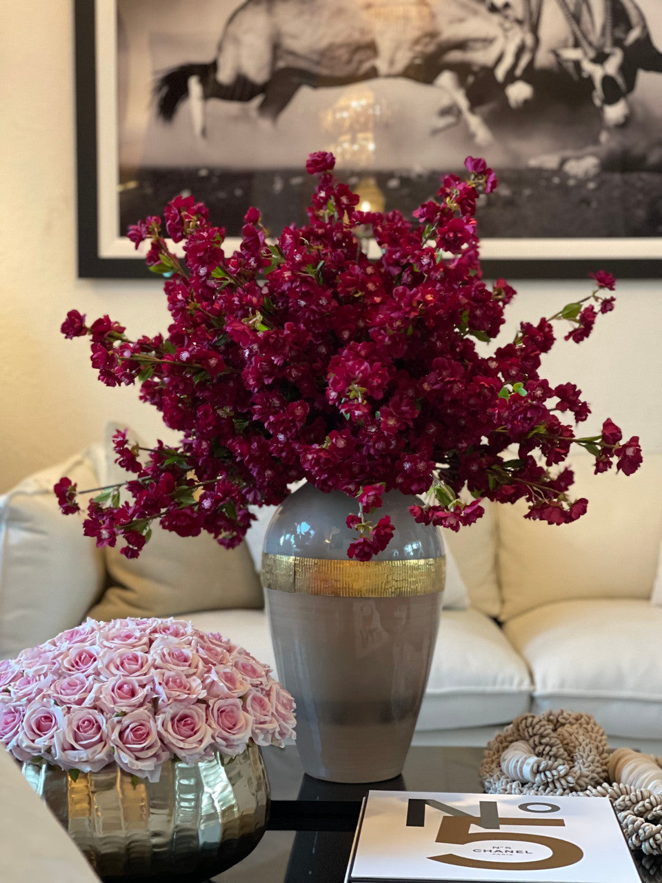 Burgundy Cherry Blossom Arrangement in Goddess Glass Vase