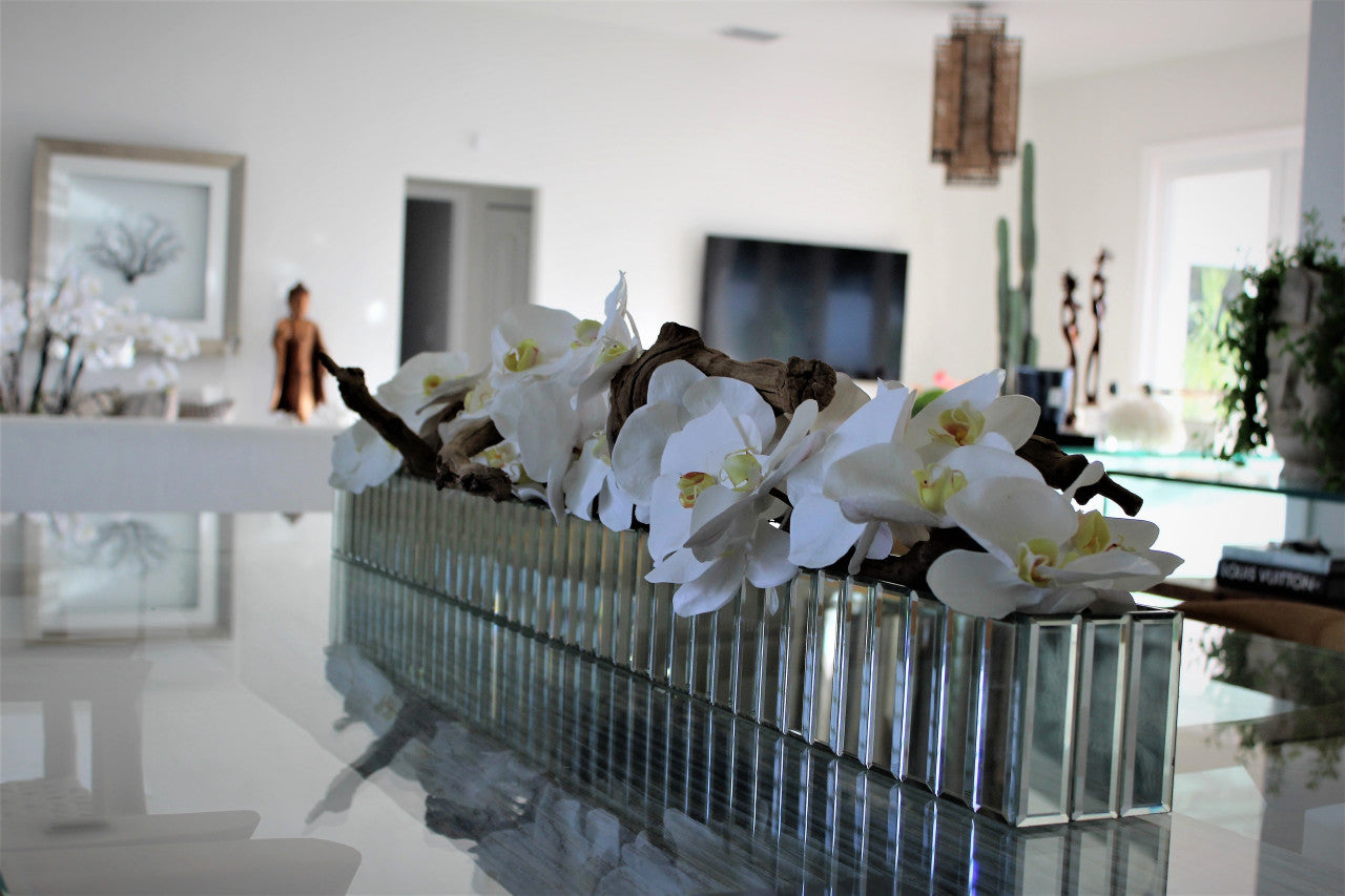 White Phalaenopsis Orchids in Mirrored Dazzle Planter
