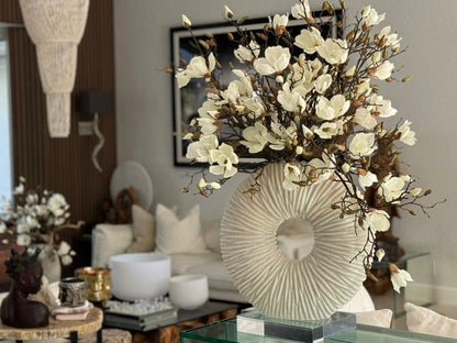 White Magnolia Arrangement in Eternity Beige Ceramic Ring Vase