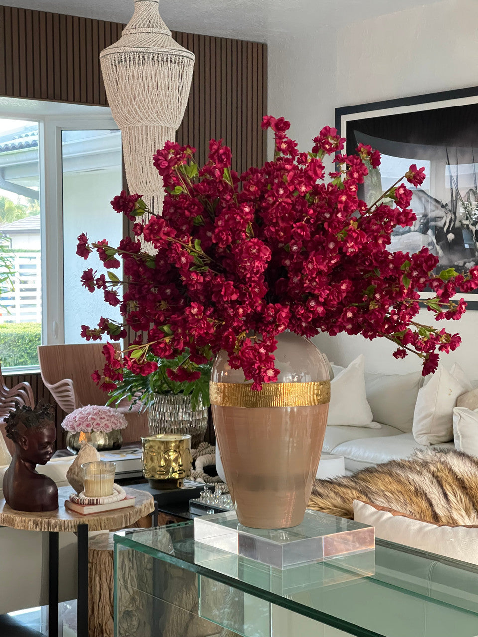 Burgundy Cherry Blossom Arrangement in Goddess Glass Vase