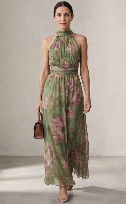 Livia™| Elegant floral halter maxi dress