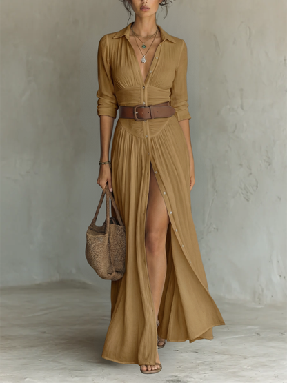 Maxi dress - long women's dress with lapel collar and long linen sleeves