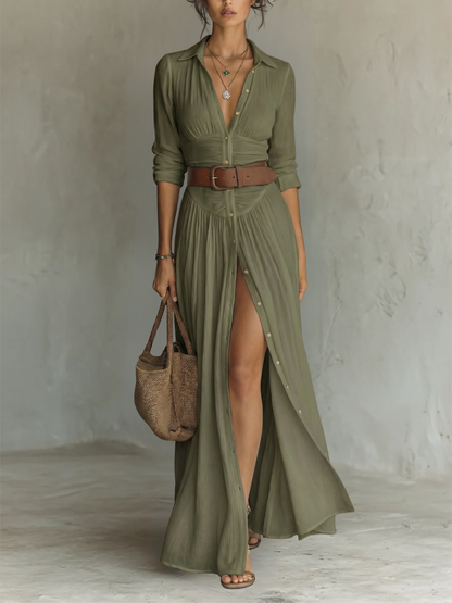 Maxi dress - long women's dress with lapel collar and long linen sleeves