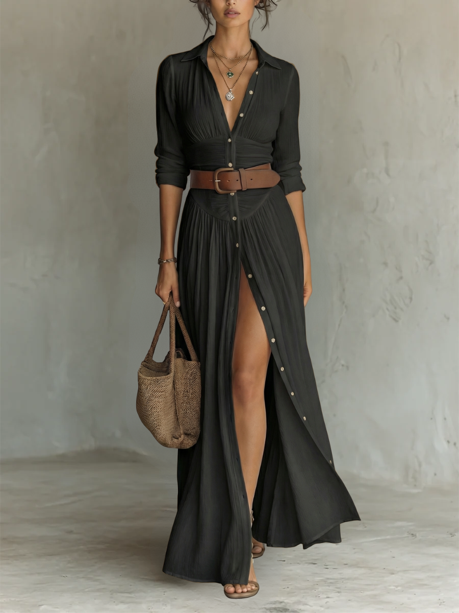 Maxi dress - long women's dress with lapel collar and long linen sleeves