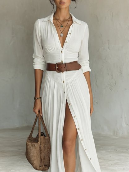 Maxi dress - long women's dress with lapel collar and long linen sleeves