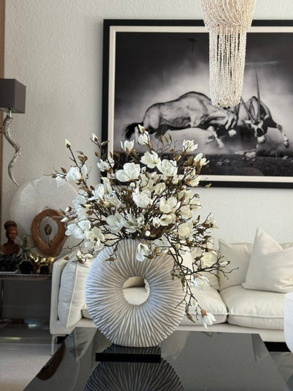 White Magnolia Arrangement in Eternity Beige Ceramic Ring Vase