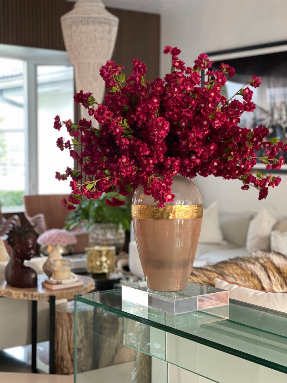 Burgundy Cherry Blossom Arrangement in Goddess Glass Vase