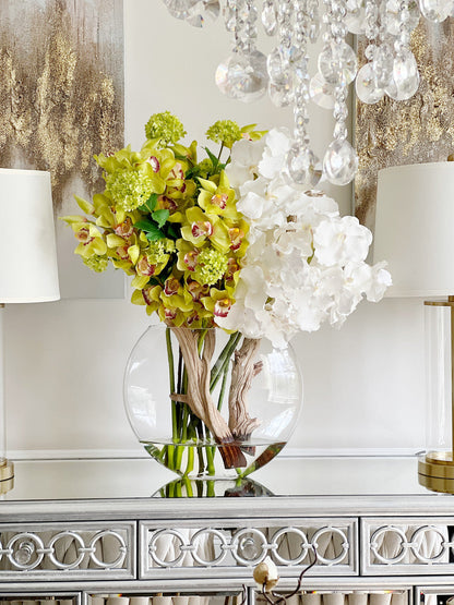 Green Cymbidium & White Vanda Orchid Arrangement in Lunar Glass Vase