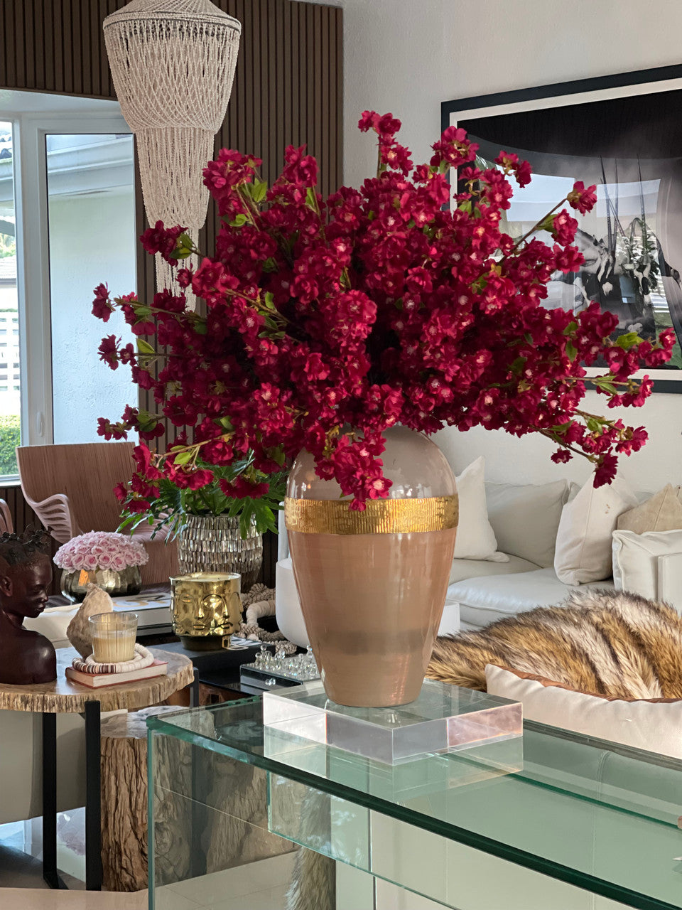 Burgundy Cherry Blossom Arrangement in Goddess Glass Vase