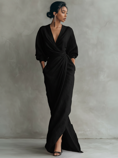 Pink Minimalist Maxi Dress with V-Neck in Mixed Linen for Women