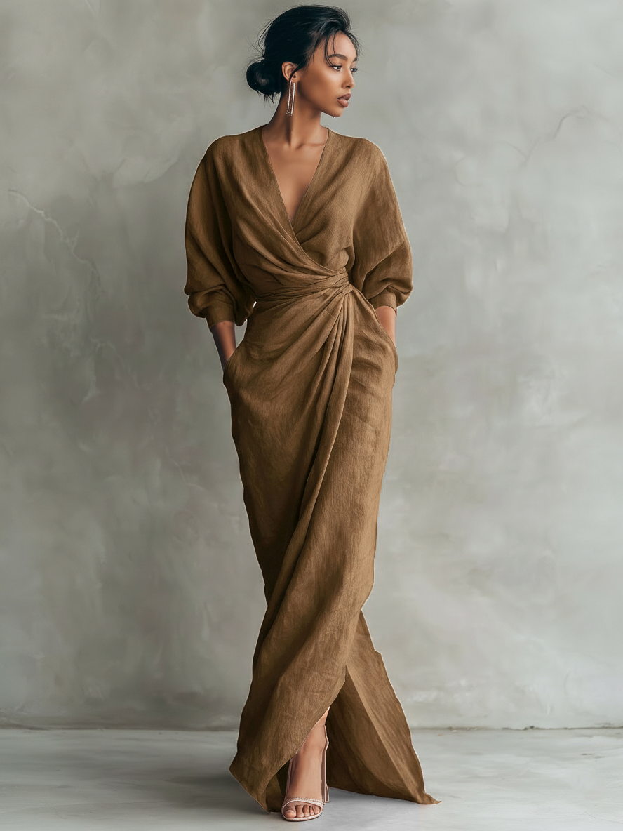 Pink Minimalist Maxi Dress with V-Neck in Mixed Linen for Women