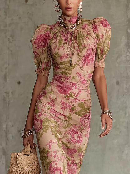 Fiora - Long dress with vintage rose print and puffed sleeves