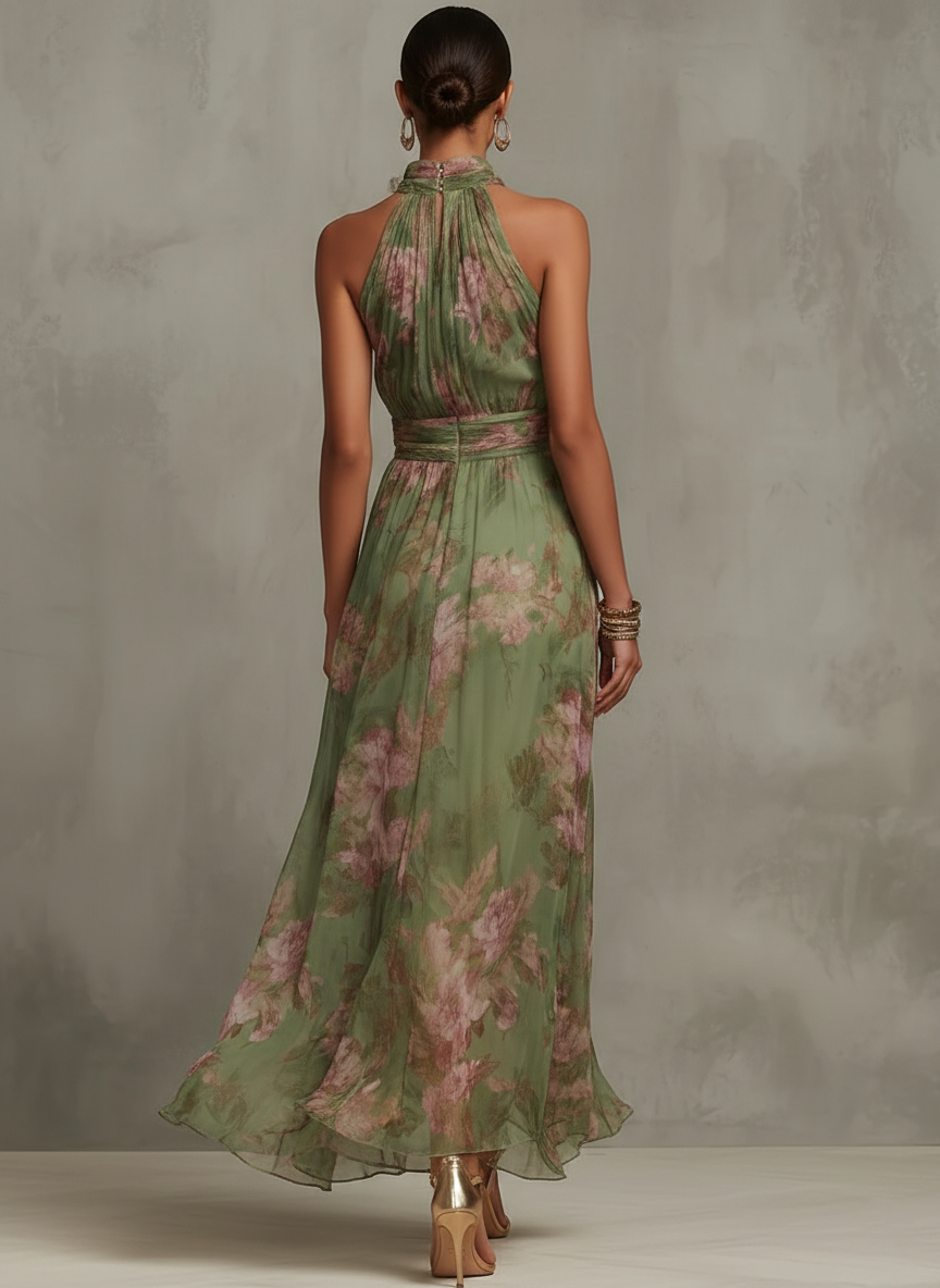 Serena ∙ Long green floral chiffon dress with halter neck