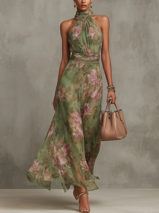 Serena ∙ Long green floral chiffon dress with halter neck