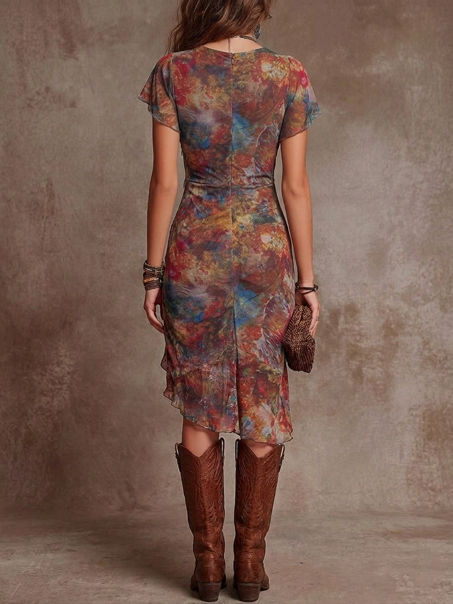 Martina - Midi pleated dress with V-neck, abstract artistic print in bohemian style